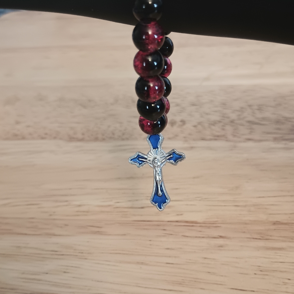 Red and Black Beaded Rosary with Blue Cross